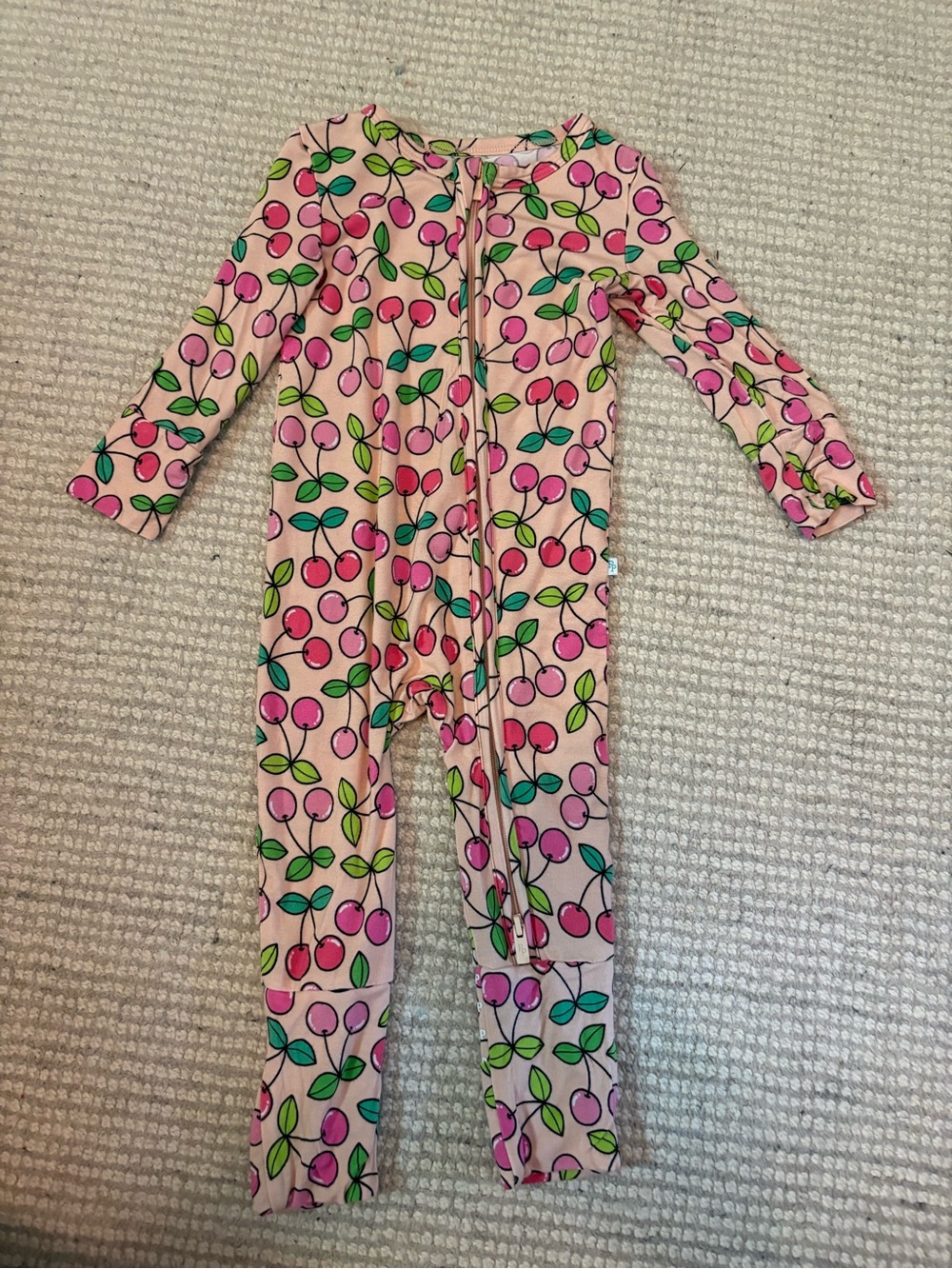 Posh Peanut Pink Cherry-Print Footie with Green Leaves